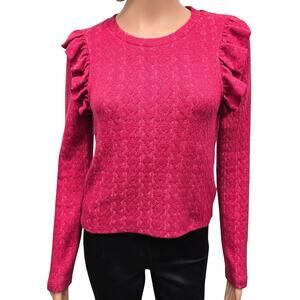Zara Sweater Ruffle Shoulder Women M Pink Textured Knit Crew neck Pullover